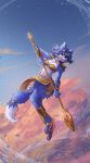 2026 absurd_res accessory anthro arm_tuft bandeau blue_body blue_eyes blue_fur blue_hair bottomwear breasts canid canine choker circlet clothing dipstick_tail elbow_tuft evernan24 eyebrows eyelashes feet female footwear fox fur hair hair_accessory hairband hi_res inner_ear_fluff jewelry krystal's_staff krystal_(star_fox) loincloth mammal markings navel necklace nintendo sandals shoes shoulder_guards shoulder_tuft solo staff star_fox tail tail_markings topwear tuft water white_body white_fur