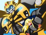  autobot blonde_hair blush_stickers bumblebee fictional_persona glowing glowing_eyes long_hair mecha no_nose robot transformers yorisaka_yuuhei 