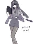  1girl black_eyes black_gloves black_hair black_pantyhose commentary_request gloves grey_shirt hair_over_one_eye holding holding_tablet_pc id_card jacket jacket_on_shoulders long_hair office_lady open_mouth pantyhose pencil_skirt purple_jacket shirt short_sleeves skirt smile solo tablet_pc touhou white_background yomotsu_hisami yujup 