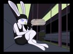 anthro athletic big_ears blue_eyes bus clothing commercial_vehicle dialogue electronics english_text facial_piercing fur lagomorph legwear leporid looking_down male mammal meme nose_piercing nose_ring paws phone piercing rabbit rabbit_ears ring_piercing shirt sitting smile solo tank_top text texting tights topwear vehicle villegreen white_body white_fur