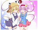  blonde_hair hairband hat holding_hands komeiji_satori moriya_suwako multiple_girls pink_eyes pink_hair rou_neko_(bbaaa333) short_hair smile thighhighs third_eye touhou white_legwear yellow_eyes zettai_ryouiki 