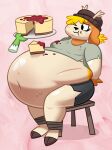 abdominal_bulge absurd_res anthro autumn_deerling beanie belly belly_expansion belly_inflation big_belly bloated blonde_hair bodily_fluids bottomwear cake cartoon_freckles cheesecake clothed clothing clothing_lift crumbs_on_face deer deerling dessert disembodied_hand duo encouragement expansion feederism feeding food force_feeding forced freckled_face freckles generation_5_pokemon ghost_hand hair hat headgear headwear hi_res huge_belly hyper hyper_belly inflation male male/male mammal messy_eater motion_lines navel nintendo overeating overweight overweight_male pokemon pokemon_(species) ranchysnax shirt slice_of_cake stuffing sweat t-shirt topwear torn_clothing weight_gain