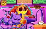 anthro beverage canid canine canis catnap_(poppy_playtime) coach coffee coffee_cup container cup dogday_(poppy_playtime) domestic_cat domestic_dog duo felid feline felis hi_res male mammal mob_entertainment orange_body poppy_playtime purple_body rocketlennon sleeping smile smiling_critters sound_effects spanish_text tail text translated vowelless vowelless_sound_effect zzz