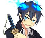  ao_no_exorcist blue_eyes blue_fire fire male_focus okumura_rin open_mouth pointy_ears simple_background slit_pupils smile solo white_background wusagi2 