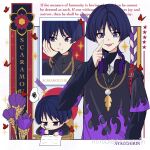  1boy absurdres ayacchirin black_sweater blue_hair blunt_ends chibi closed_mouth feathers genshin_impact headphones headphones_around_neck highres jewelry long_sleeves male_focus multicolored_sweater multiple_views necklace purple_eyes scaramouche_(genshin_impact) short_hair smile sweater tongue tongue_out 