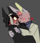 2024 5_fingers anthro bandage bandage_on_eye bandage_on_face bat bat_nose blue_clothing blue_shirt blue_topwear blush blush_lines carl_(pretty_blood) clothing digital_media_(artwork) duo ears_up elma_(pretty_blood) eyes_closed fangs female female/female fingers fur grey_background head_tuft heart_symbol hi_res hug hug_from_side hugging_another krisha288 lagomorph leporid mammal mouth_closed pink_body pink_fur pretty_blood rabbit shirt simple_background snout standing teeth topwear tuft