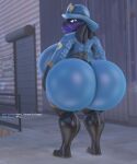 3d_(artwork) alex_asora anthro armor big_breasts big_butt bimbomorph_(artist) breasts butt canid canine clothing dialogue digital_media_(artwork) female firefighter_helmet fur generation_4_pokemon gloves handwear headgear helmet hi_res huge_breasts huge_butt hyper hyper_breasts hyper_butt latex latex_clothing lips looking_at_viewer looking_back lucario mammal nintendo pokemon pokemon_(species) purple_body purple_fur pyro_(team_fortress_2) red_eyes solo team_fortress_2 text thick_lips thick_thighs valve wide_hips