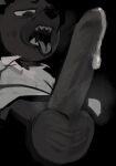 aggretsuko anthro balls balls_through_fly big-fig black_background bodily_fluids bottomwear bottomwear_down close-up clothed clothing cum cum_drip cum_dripping_from_penis cum_in_foreskin dripping ejaculation erection foreshortening foreskin genital_fluids genitals haida_(aggretsuko) hands-free hi_res humanoid_genitalia humanoid_penis hyena long_foreskin looking_at_genitalia looking_at_penis low-angle_view male mammal monochrome open_mouth pants pants_down partially_clothed penis sanrio shirt simple_background solo steamy_breath steamy_penis tongue tongue_out topwear unretracted_foreskin white_clothing white_shirt white_topwear worm's-eye_view