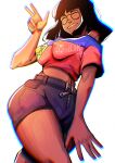  1girl absurdres blunt_bangs breasts chromatic_aberration closed_eyes colored_teeth commentary covered_nipples cowboy_shot dark-skinned_female dark_skin english_commentary fangs filipino_wojak from_below glasses highres korn_(aeriskanan) large_breasts midriff original philippine_flag_print round_eyewear solo twisted_torso w watermark yellow_teeth zipper_pull_tab 