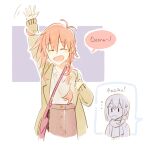  2girls ange_(angeban93) arm_up bag braid brown_coat brown_skirt character_name coat flip_flappers highres kokomine_cocona long_sleeves multiple_girls open_mouth orange_hair papika_(flip_flappers) pink_bag scarf shirt skirt speech_bubble waving white_shirt 
