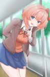  1girl absurdres arm_behind_back blazer blue_eyes blue_skirt blush_stickers bob_cut bow breasts brown_sweater_vest collared_shirt cowboy_shot doki_doki_literature_club doki_doki_literature_club_school_uniform dot_nose farhanalteria finger_to_mouth grey_jacket hair_between_eyes hair_bow hair_intakes hallway hand_up head_tilt highres index_finger_raised indoors jacket leaning_forward long_sleeves looking_at_viewer medium_breasts miniskirt neck_ribbon open_clothes open_jacket open_mouth pink_hair pleated_skirt red_bow red_ribbon ribbon sayori_(doki_doki_literature_club) school_uniform shirt short_hair shushing skirt smile solo sweater_vest white_shirt 