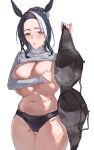  1girl absurdres animal_ears black_hair black_panties blush bra breasts clothes_lift commentary covering_breasts covering_privates cowboy_shot dated_commentary grey_sweater highres holding holding_bra holding_underwear holding_unworn_clothes horse_ears horse_girl huge_breasts long_hair long_sleeves looking_at_viewer mejiro_ramonu_(umamusume) multicolored_hair navel panties purple_eyes simple_background solo stomach streaked_hair sweater sweater_lift thighs turtleneck turtleneck_sweater umamusume underwear unworn_bra white_background white_streaks xiangzuo_zhi 