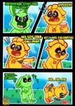 absurd_res anthro avian bird chicken comic confusion duo female food galliform green_body hi_res hoppy_hopscotch kickinchicken lagomorph leporid male mammal mob_entertainment nickelodeon phasianid popcorn poppy_playtime rabbit references rocketlennon smiling_critters spanish spongebob_squarepants text translation_request yellow_body