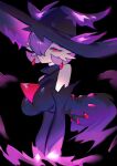 breasts chunniwa clothing cosplay ear_piercing ear_ring elemental_manipulation female fire fire_manipulation gardevoir generation_3_pokemon generation_4_pokemon hair hair_over_eye hat headgear headwear humanoid looking_at_viewer mismagius nintendo piercing pokemon pokemon_(species) red_eyes ring_piercing solo white_body witch_hat