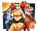 anthro big_breasts blaster boots braixen breasts clothing crossover curvy_figure eeveelution female flareon footwear generation_1_pokemon generation_6_pokemon gin-blade group hand_behind_head hi_res hourglass_figure jacket legwear leotard nintendo one_eye_closed pokemon pokemon_(species) shoes star_fox thigh_boots thigh_highs topwear trio vaporeon wide_hips wink