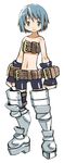  1girl alternate_costume armor bare_shoulders belt bike_shorts blue_eyes blue_hair clenched_hand clenched_hands compression_artifacts disgaea full_body jpeg_artifacts lowres mahou_shoujo_madoka_magica midriff miki_sayaka navel smile solo standing transparent_background warrior_(disgaea) 