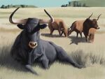 2025 4:3 agustindiazart aurochs black_body black_fur blue_sky bovid bovine brown_body brown_fur day female feral field fur grass grasslands grazing group herd hi_res horn light looking_at_viewer lying male mammal nature on_grass on_ground outside plant recently_extinct_species shadow sky sunlight