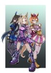  3girls absurdres admire_vega_(starry_nocturne)_(umamusume) admire_vega_(umamusume) animal_ears armor asymmetrical_footwear bare_shoulders black_pantyhose blonde_hair blue_capelet blue_dress bodice boots bow bowtie breasts brown_hair cape capelet closed_mouth commentary crown dress ear_covers english_commentary fingerless_gloves gloves gold_boots gold_corset grey_bow grey_bowtie hair_between_eyes highres horse_ears horse_girl horse_tail jewelry long_hair long_sleeves looking_at_viewer low_ponytail medium_breasts mini_crown multiple_girls multiple_rings narita_top_road_(the_proud_road)_(umamusume) narita_top_road_(umamusume) necktie orange_hair orange_tail pantyhose pink_cape pink_crown ponytail purple_boots purple_dress purple_eyes purple_shorts ring shirt short_hair shorts shoulder_armor simple_background single_ear_cover single_fingerless_glove skirt smile t.m._opera_o_(o_sole_suo!)_(umamusume) t.m._opera_o_(umamusume) tail thigh_strap thighhighs tofu_thunder two-tone_skirt umamusume umamusume:_road_to_the_top white_shirt white_thighhighs 