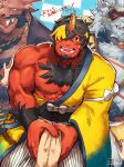  >_< 3boys abs akuro_(another_eidos) animal_ears another_eidos-r bara bulge commentary_request cow_boy cow_ears cow_horns crotch_grab disembodied_hand fangs furry furry_male hand_on_another's_chest highres holding_hands horns kashi_(another_eidos) komainu_boy looking_at_viewer male_focus multicolored_hair multiple_boys muscular muscular_male oni open_mouth pectorals sawch_cls single_horn smile tongue translation_request tsukimaru_(another_eidos) yellow_fundoshi 