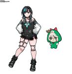  2girls :3 absurdres anklet black_choker black_hair black_shirt black_shoes black_socks blaparky blush breasts cecilia_immergreen chibi choker commentary earrings english_commentary green_eyes green_streaks grey_hair grin hair_between_eyes hands_on_own_hips headphones headphones_around_neck high_tops highres hololive hololive_dev_is hololive_english jewelry knee_strap large_breasts long_shirt loose_socks medium_hair multicolored_hair multiple_girls off-shoulder_shirt off_shoulder onesie pendant pendant_choker raglan_sleeves red_eyes rindo_chihaya shirt shoes simple_background skindentation smile sneakers socks spiked_anklet spiked_choker spikes standing streaked_hair thigh_strap thighhighs twitter_username two-tone_hair virtual_youtuber white_background white_streaks winding_key 
