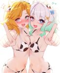  2girls @_@ animal_ears animal_print bikini blonde_hair blue_eyes blush bow breasts cgator cleavage commentary cow_ears cow_horns cow_print cow_print_bikini densetsu.exe dokibird english_commentary gradient_hair green_eyes grey_hair hair_bow hair_ornament highres horns indie_virtual_youtuber looking_at_viewer medium_hair mint_fantome multicolored_hair multiple_girls open_mouth pointing pointing_at_viewer pointy_ears print_bikini small_breasts sparkling_eyes swimsuit triangular_headpiece virtual_youtuber white_background white_hair x_hair_ornament 