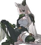  1girl amputee animal_ears black_robe breasts cleavage double_amputee ear_covers eyepatch glaring granblue_fantasy grey_hair leotard long_hair mechanical_arms mechanical_legs medium_breasts mole multicolored_hair nos_(nos_tsn) octavia_(granblue_fantasy) parted_lips robe simple_background single_ear_cover sitting sketch solo streaked_hair very_long_hair white_background white_leotard wire 