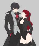  1boy 1girl amamiya_ren arm_behind_back black_choker black_coat black_eyes black_hair black_leotard black_pants black_ribbon black_thighhighs breasts buttons choker cleavage coat collared_coat collared_jacket eye_contact frilled_sleeves frills gloves grey_background grey_shirt hair_between_eyes hair_ribbon hand_on_another's_chin hands_in_pockets height_difference hetero highres jacket joker_(persona_5) lapels leotard long_coat long_hair long_sleeves looking_at_another looking_down pants persona persona_5 persona_5_the_royal ponytail red_gloves red_hair redrawn ribbon shirt short_hair shynepls sideways_mouth simple_background smile swept_bangs thighhighs twitter_username v-shaped_eyebrows violet_(persona_5) yoshizawa_kasumi 