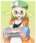  absurdres bel_(pokemon) blonde_hair breasts cleavage glasses green_eyes hat highres parsley_(kn-08) poke_ball pokemon pokemon_(game) pokemon_bw2 smile 