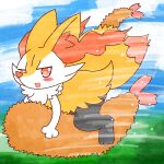 1:1 2022 ambiguous_anthro ambiguous_gender annyui0611 anthro biped blush blush_stickers braixen canid cloud cute_fangs detailed_background digital_drawing_(artwork) digital_media_(artwork) digitigrade dipstick_tail fangs food full-length_portrait generation_6_pokemon grass hi_res japanese_description looking_at_viewer lying mammal markings nintendo object_in_tail on_front open_:3 open_mouth open_smile outside plant pokemon pokemon_(species) portrait riding shrimp_(food) side_view sky smile snout solo tail tail_markings teeth translated_description