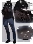  1girl absurdres artist_logo black_hair black_hoodie black_sclera black_shoes black_skin breasts chrissytoji collar colored_sclera colored_skin commentary commission english_commentary hair_between_eyes heart highres hood hood_down hoodie horns logo long_hair long_sleeves long_tongue monster_girl open_mouth original pants pointy_ears sharp_teeth shoes spiked_collar spikes teeth tongue torn_clothes torn_pants twitter_username white_eyes white_horns 