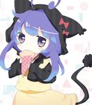  acchi_kocchi ahoge animal_ears blush cat_ears cat_tail chibi collar cosplay crepe eating fake_animal_ears food kigurumi long_hair miniwa_tsumiki purple_eyes purple_hair solo tail 