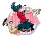  blue_eyes cabbie_hat hat miyako_yoshika ofuda outstretched_arms shoe_dangle short_hair solo touhou utaco zombie zombie_pose 