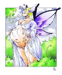 anthro belly big_belly breasts cammypuppy choker clothed clothing clothing_lift dress dress_lift eyes_closed eyeshadow fairy female genitals gown hairy_vulva head_wings hi_res insect_wings jewelry lepidopteran_wings makeup necklace nipples nipples_through_clothes plant shrub sigh solo unusual_wing_placement vore vulva wings