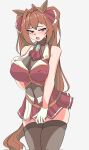  1girl animal_ears ascot black_bodysuit black_thighhighs blush bodysuit breasts commentary corrupted_twitter_file cosplay cowboy_shot daiwa_scarlet_(umamusume) daniboytm fang gloves hair_intakes hand_on_own_chest highres hololive horse_ears houshou_marine houshou_marine_(cosplay) jacket jewelry looking_to_the_side red_ascot red_eyes red_jacket red_skirt skin_fang skirt solo thick_thighs thighhighs thighs tiara twintails umamusume white_gloves 