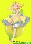  ahoge akatsuki_suzu bad_id bad_pixiv_id bare_shoulders barefoot blonde_hair c.c._lemon c.c._lemon_(character) dress feet food fruit green_eyes hairband highres lemon one_eye_closed short_hair solo yellow_background 