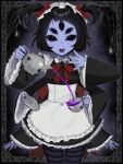 3:4 5_eyes 5_fingers 6_arms anthro apron arachnid arthropod black_clothing black_dress black_hair black_nails breasts clothing colored_nails container cup dress fangs female fingers hair hi_res holding_container holding_cup holding_object holding_plate holding_tea_cup holding_teapot legwear maid_headdress maid_uniform medium_hair muffet multi_arm multi_eye multi_limb nails open_mouth pattern_clothing pattern_legwear pigtails plate portrait purple_body purple_skin red_ribbon small_breasts solo spider striped_clothing striped_legwear stripes tea_cup teapot teeth three-quarter_portrait undertale undertale_(series) uniform vickie21579 white_apron white_clothing