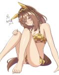  1girl animal_ears arm_support barefoot bikini blush braid breasts brown_hair brown_tail buena_vista_(umamusume) checkered_bikini checkered_clothes checkered_hairband cleavage closed_mouth commentary_request ear_covers hair_ribbon hairband highres horse_ears horse_girl horse_tail knees_up kyoshinsya_ysis looking_at_viewer medium_breasts medium_hair multicolored_hair pink_eyes ribbon ribbon_in_braid side_braids simple_background smile solo streaked_hair swimsuit tail thighs toes umamusume white_background white_streaks yellow_bikini 