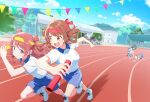  6+girls absurdres ahoge blue_eyes blue_shorts blue_sky breasts brown_eyes brown_hair cloud day gakuen_idolmaster gym_shorts gym_uniform hanami_saki hanami_ume headband highres holding idolmaster long_hair looking_at_another multiple_girls open_mouth outdoors quarterlift red_hair red_headband running shinosawa_hiro shirt shoes short_hair short_sleeves shorts sky smile sneakers string_of_flags track_and_field tsukimura_temari white_shirt 