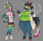 accessory amazed animal_humanoid anthro beef_(btascandalist) belly belt big_belly blue_body blue_fur bottomwear boxers_(clothing) breasts btascandalist canid canid_humanoid canine canine_humanoid canis chimera chimera_humanoid clothed clothed_anthro clothed_female clothing coat collar denim denim_bottomwear denim_clothing digitigrade dog_humanoid domestic_dog duo equid equine eyewear felid felid_humanoid female female_anthro female_humanoid fully_clothed fully_clothed_anthro fully_clothed_female fur garter glasses green_body green_fur grey_background grin hair hi_res hooves horn humanoid humanoid_face hybrid jeans jewelry lab_coat mammal mammal_humanoid markings multicolored_body multicolored_fur multicolored_hair mythological_creature mythological_equine mythological_sphinx mythology necklace nervous nonbinary_(lore) orange_body orange_fur overweight overweight_anthro overweight_female pants paws rainbow_body rainbow_fur rainbow_hair round_glasses russian_text shirt simple_background smile sphinx_humanoid spots spotted_body spotted_fur standing sweater text thick_thighs topwear translation_request underwear unicorn unicorn_horn wearing_glasses white_body white_fur wings yellow_body yellow_fur