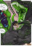 abdominal_bulge anthro belly big_belly bodily_fluids claws comic darastrix_(ihavexboxlive) dinosaur dragon dromaeosaurid duo fangs feathered_dinosaur feathered_scalie feathers food forced fur green_insides green_mouth hi_res horn larger_pred looking_at_viewer male male/male mythological_creature mythological_scalie mythology neck_bulge nude open_mouth oral_vore pizza pleased_expression prehistoric_species reptile saliva saurischian scales scalie sharp_teeth size_difference skrymer1 smaller_male smile smiling_at_viewer swallowing tail teeth text theropod tongue tongue_out unwilling_prey vore