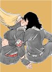  2boys aizawa_shota beard_stubble belt black_gloves black_hair black_jacket black_jumpsuit blonde_hair blush boku_no_hero_academia commentary_request crested_hair eyewear_on_head facial_hair gloves grey_scarf highres holding_another's_waist jacket jumpsuit kiss korean_commentary leather leather_jacket long_hair male_focus multiple_boys mustache mustache_stubble present_mic scarf sharks_line sitting sparse_stubble stubble studded_belt studs surprise_kiss surprised white-framed_eyewear yaoi 