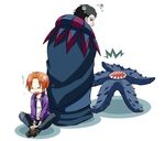  &gt;_&lt; bad_id bad_pixiv_id black_hair caster_(fate/zero) chibi closed_eyes fate/zero fate_(series) jacket kubyou_azami male_focus monster multiple_boys orange_hair purple_jacket shoggoth tentacles uryuu_ryuunosuke 