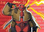  1boy animal_ears black_fur brown_jacket character_name claws commentary english_commentary english_text finger_gun finger_gun_to_own_head furry furry_male highres imquitesleepy jacket looking_at_viewer male_focus marvel marvel_rivals marvel_rivals_(style) panda_boy panda_ears pandapool parody pointing pointing_at_self red_fur smile style_parody sword sword_on_back tongue tongue_out weapon weapon_on_back 