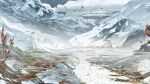 16:9 ambiguous_gender avian bird canid canine canis feral flying grass group hi_res ice lineless mammal might_and_delight mountain nature nature_background official_art on_model outside plant scenery shelter_(game_series) snow stylized text tree tundra unknown_artist wallpaper widescreen winter wolf