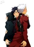  1nagaosa 2boys archer black_eyes black_hair bob_cut dark_skin emiya_kiritsugu fate/stay_night fate/zero fate_(series) father_and_son hisau_maiya multiple_boys short_hair time_paradox white_hair 