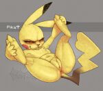 anthro anus armpit_hair belly body_hair chest_tuft cryptidfelinoid dark_sclera dialogue digitigrade feet female fur generation_1_pokemon genitals grey_background heart_tail logo looking_at_viewer lying mammal nintendo no_sclera on_back paws pikachu pokemon pokemon_(species) pokemon_speak presenting presenting_anus presenting_vulva pubes raised_arm rodent simple_background smug soles solo spread_legs spreading tail text toes tuft vulva yellow_body yellow_fur