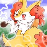 1:1 2022 ambiguous_anthro ambiguous_gender annyui0611 anthro biped blush blush_stickers braixen canid digital_drawing_(artwork) digital_media_(artwork) dipstick_tail food generation_6_pokemon half-length_portrait hi_res holding_object holding_smoking_pipe japanese_description looking_at_viewer looking_back looking_back_at_viewer mammal markings nintendo no_pupils object_in_tail outside pokemon pokemon_(species) portrait rear_view shrimp_(food) smoking_pipe snout solo standing star_polygon tail tail_markings translated_description