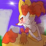 1:1 2022 :o ambiguous_anthro ambiguous_gender annyui0611 anthro biped blush braixen canid digital_drawing_(artwork) digital_media_(artwork) dipstick_tail food generation_6_pokemon half-length_portrait hands_behind_back hands_together japanese_description looking_at_viewer looking_back looking_back_at_viewer mammal markings nintendo object_in_tail open_mouth outside pokemon pokemon_(species) portrait shrimp_(food) snout solo standing sun tail tail_markings translated_description