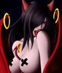  breasts bust demon female hair_over_eye licking looking_at_viewer mianco nipple_tape nude solo succubus tongue tongue_out topless wings 