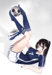  1girl 2026_fifa_world_cup alternate_costume arm_support ball blue_nails blue_shirt blue_socks blue_trim blush brown_eyes brown_hair cleats commentary_request dot_nose double-parted_bangs feet_up full_body hair_between_eyes hair_ornament hair_scrunchie high_ponytail highres holding holding_shoes holding_unworn_clothes holding_with_feet japanese_national_soccer_team_uniform kanojo_okarishimasu kneehighs long_hair looking_at_viewer lying mizuhara_chizuru nail_polish number_print on_back partial_commentary ponytail raised_eyebrows ribbed_socks scrunchie shadow shirt shoes short_shorts short_sleeves shorts simple_background smile soccer soccer_ball soccer_uniform socks solo sportswear steaming_body striped_clothes striped_shirt striped_socks sweat unworn_shoes vertical-striped_clothes vertical-striped_shirt very_sweaty voidmaki white_background white_scrunchie white_shoes white_shorts white_trim world_cup 